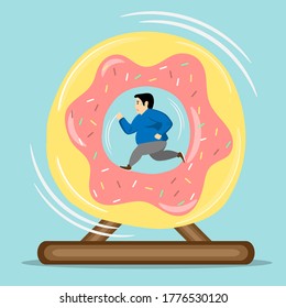 A  fat man running in donut wheel for diet vector