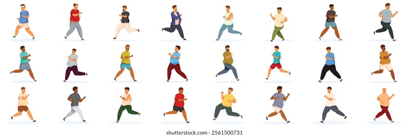 Fat man running icons set. Diverse group of overweight men jogging, promoting body positivity and active living