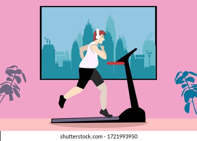 A fat man is running on treadmill at his home.