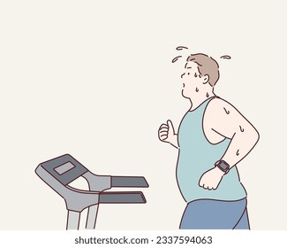 Fat man running on a treadmill. Hand drawn style vector design illustrations.