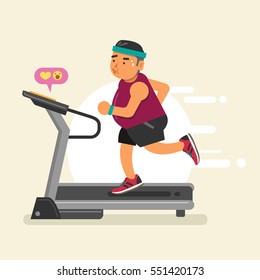 Fat man running on a treadmill. Vector illustration