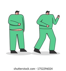 Hombre gordo corriendo a una forma delgada. Caricatura masculina proceso de pérdida de peso. El hombre con sobrepeso empieza a hacer ejercicio. El concepto de salud y estilo de vida saludable. Ilustración vectorial plana
