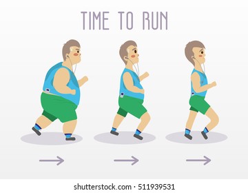 Fat man running to slim shape. Sport and fitness vector concept illustration.