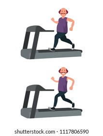 A fat man runs on a treadmill and loses weight.
