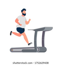 Fat man runs on a treadmill. Fat guy runs on the simulator. The concept of losing weight and a healthy lifestyle. Isolated. Vector