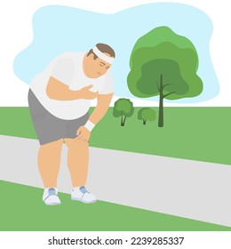 A fat man runs in the park to lose weight,feels cardiac problems and fatigue.Vector illustration.