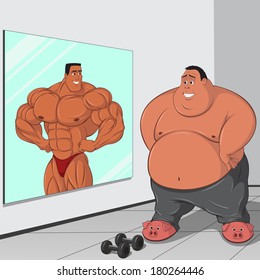 Fat man sees possibilities in mirror