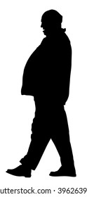 Fat man senior is worry about health,  vector silhouette isolated on white background. Overweight person trouble with walking. Big old man think about food calorie. mature person walking silhouette.