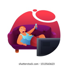 Fat man shouting at TV flat vector illustration. Angry obese man lying on couch eating chips cartoon character. Lazy lifestyle, unhealthy pastime, home recreation. Harmful habit, health hazard