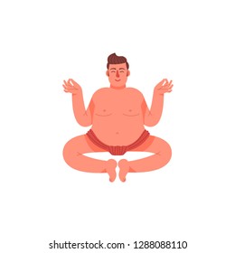 A fat man sits in a lotus pose in a loincloth. A fat young man sits in a pose of meditation. Vector illustration.