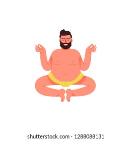 A fat man sits in a lotus pose in a loincloth. A fat young man sits in a pose of meditation. Vector illustration.