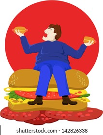the fat man sits on big sandwich and eats