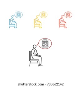 A fat man sits and thinks about food. Line icon. Vector illustration