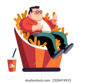 Fat man sitting in a box with french fries, color vector illustration