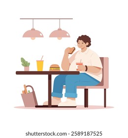 A fat man sitting in a cafe, enjoying a meal. Young man is eating a sandwich while holding a drink with a straw, and a burger sits on the table. Fast food concept vector illustration isolated on white
