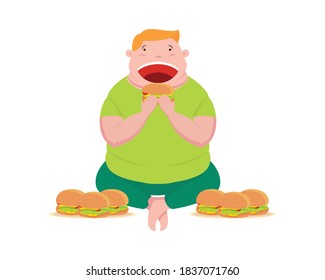 Fat Man Sitting And Eating A Lot Of Burgers Illustration