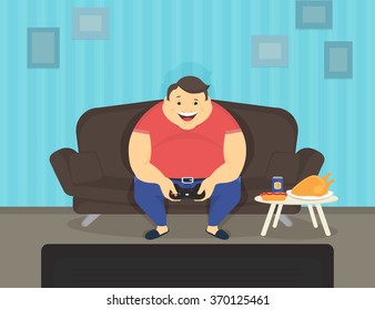 Fat man sitting at home on the sofa playing video games and eating. Flat illustration of e-sport and unhealthy lifestyle