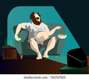 Fat man sitting at home on the couch watching TV drinking beer and eating chips