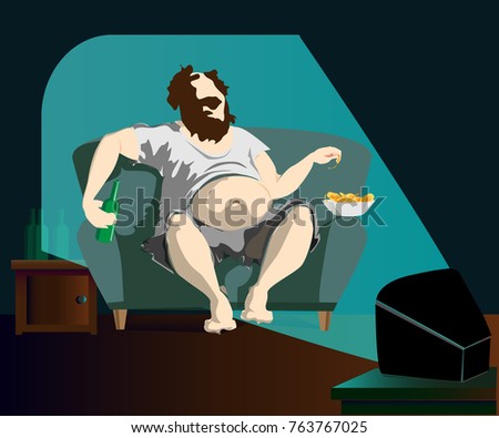 Fat man sitting at home on the couch watching TV drinking beer and eating chips