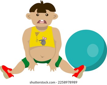 The fat man is sitting on the floor next to the gym ball. The boy is upset..