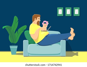 Fat man sitting on a sofa with a laptop on his stomach, eating a donut. The concept of a sedentary lifestyle, obesity, work at home, quarantine, isolation. For background, infographic, social media.