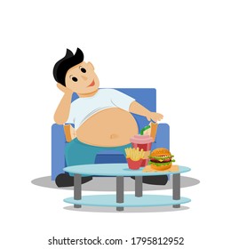 Fat man sitting on sofa having fast food set on table,non-health care concept