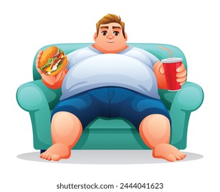 Fat man sitting on the sofa while holding burger and drink. Vector illustration isolated on white background