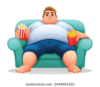 Fat man sitting on the sofa with popcorn and french fries. Vector illustration isolated on white background