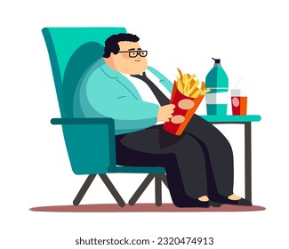 Fat man sitting with a pack of french fries and sweet water, overeating problem, doodle vector illustration
