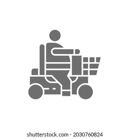 Fat man sitting in wheelchair, disabled carriage, obesity grey icon.