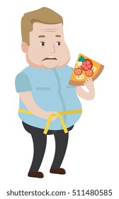 Fat man with slice of pizza in hand measuring a waistline. Fat man measuring a waistline with tape. Fat man with centimeter on a waistline. Vector flat design illustration isolated on white background