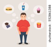 Fat man smiles and dreams of unhealthy food, sweets and drinks. Concept of bad habits. Vector illustration in flat style