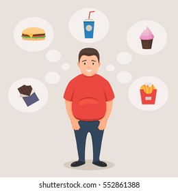 Fat man smiles and dreams of unhealthy food, sweets and drinks. Concept of bad habits. Vector illustration in flat style