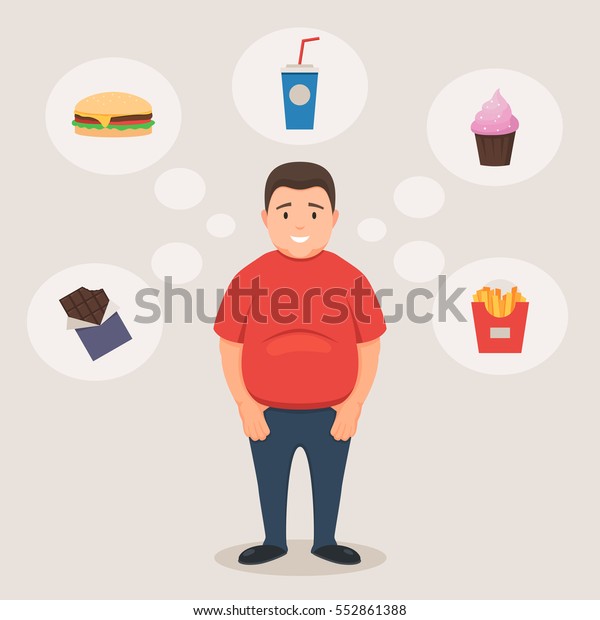 Fat Man Smiles Dreams Unhealthy Food Stock Vector (Royalty Free) 552861388