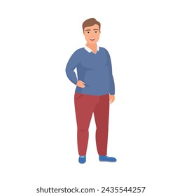 Fat man smiling, standing in confident pose with hand on waist vector illustration