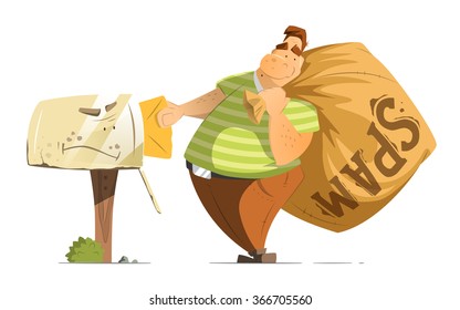 Fat man spammer with big sack of spam sending putting a mail in old mailbox.