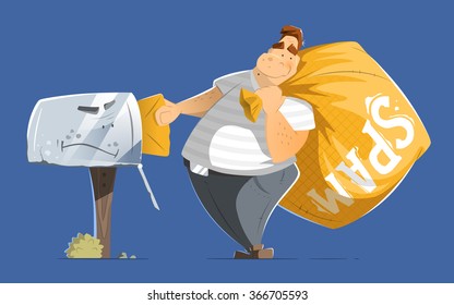 Fat man spammer with big sack of spam sending putting a mail in old mailbox.