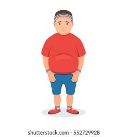 Fat man in a sports uniform. Concept of weight. Vector illustration in cartoon style isolated on white background