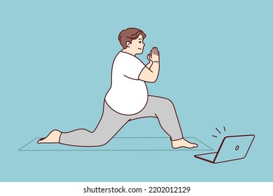 Fat Man In Sportswear Training On Mat With Online Video Lesson On Computer. Overweight Male Do Sports Exercise With Classes On Internet On Laptop. Healthy Life And Weight Loss. Vector Illustration. 