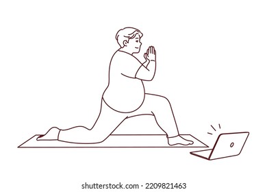 Fat Man In Sportswear Training On Mat With Online Video Lesson On Computer. Overweight Male Do Sports Exercise With Classes On Internet On Laptop. Healthy Life And Weight Loss. Vector Illustration. 