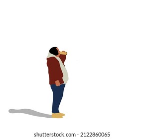 Fat man standing and drinking beer on street. Vector flat design illustration.