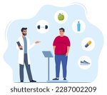 Fat man standing on weigh scales. Doctor explain about health and how to loose weight, Obese patient, fat control instruction, diabetes patient, control calories, sports. Vector illustration