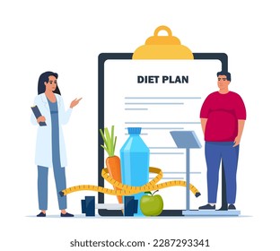 Hombre gordo parado en escalas de peso. El doctor explica sobre la salud y cómo perder peso. Lista de comprobación del plan de dieta. Alimentos saludables y deportes. Ilustración del vector