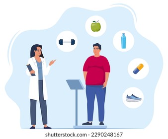 Fat man standing on weigh scales. Doctor explain about health and how to loose weight, Obese patient, fat control instruction, diabetes patient, control calories, sports. Vector illustration svg