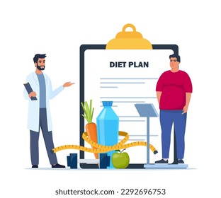 Fat man standing on weigh scales. Doctor explain about health and how to loose weight. Diet plan checklist. Healthy food and sports. Vector illustration