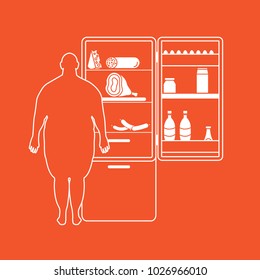 Fat man stands at the fridge full of food. Harmful eating habits. Design for banner and print.