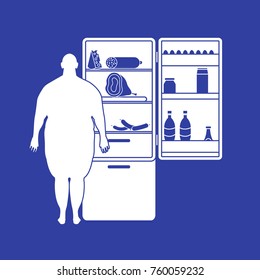 Fat man stands at the fridge full of food. Harmful eating habits. Design for banner and print.