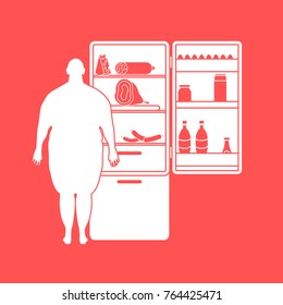 Fat man stands at the fridge full of food. Harmful eating habits. Design for banner and print.