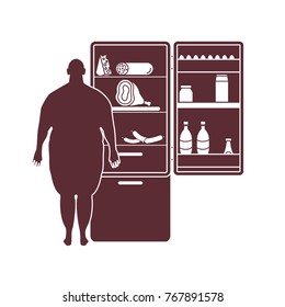 Fat man stands at the fridge full of food. Harmful eating habits. Design for banner and print.