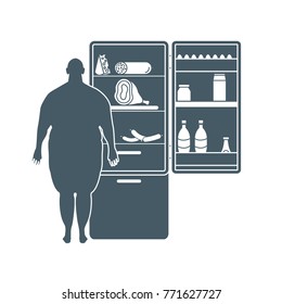 Fat man stands at the fridge full of food. Harmful eating habits. Design for banner and print.